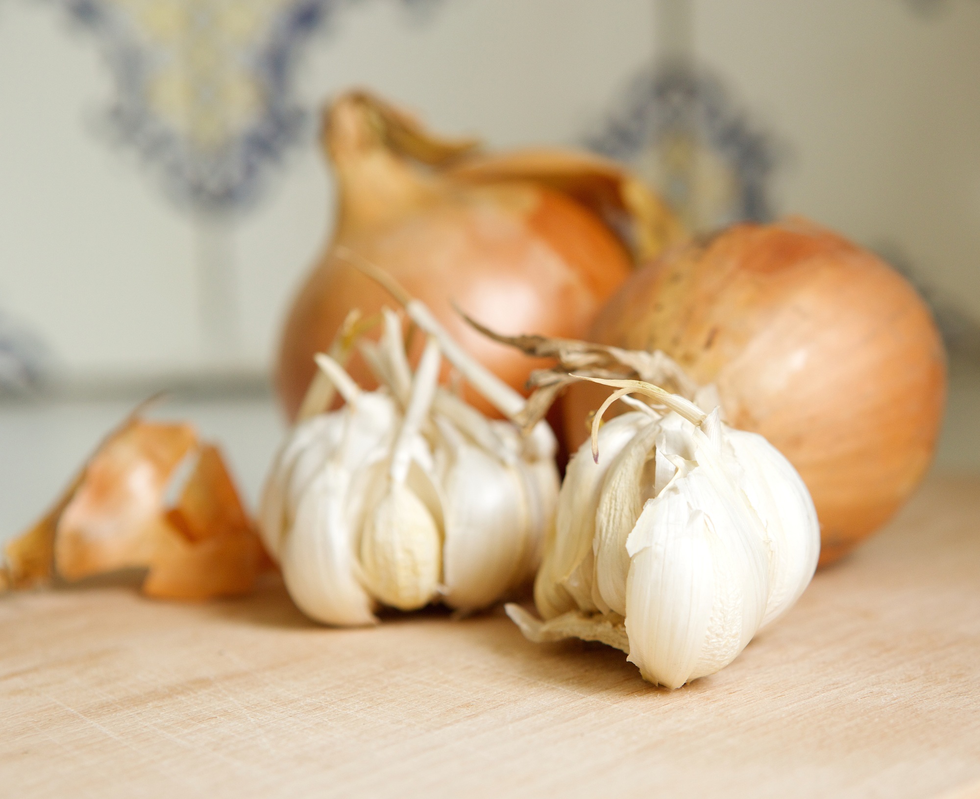 Close up onions and garlic